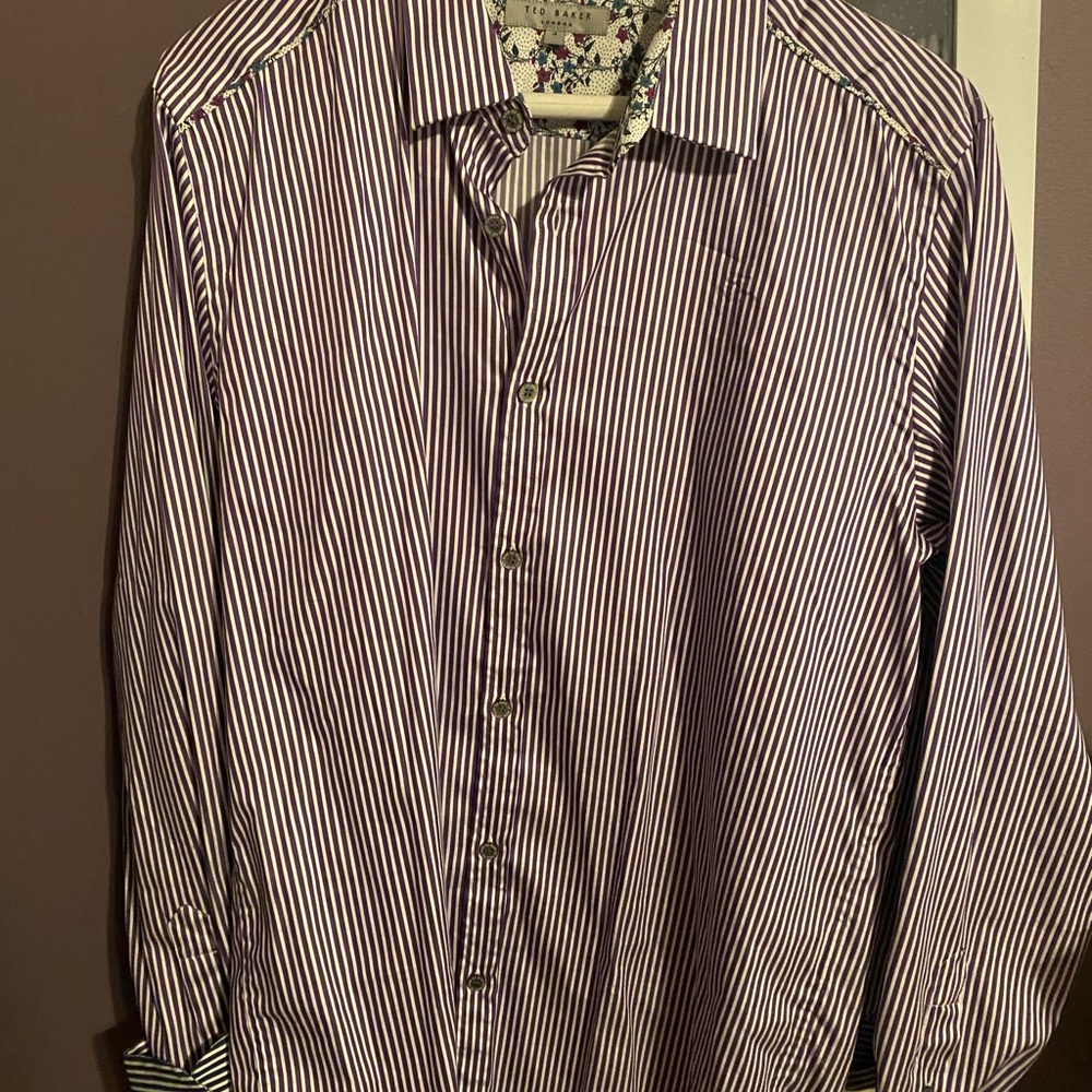 Ted baker purple and white striped button-down shirt. Size 4